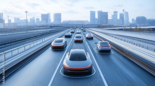 Sensing system and wireless communication network of vehicle. Autonomous car. Driverless car. Self driving vehicle. highway road with self-driving cars with signals around the cars