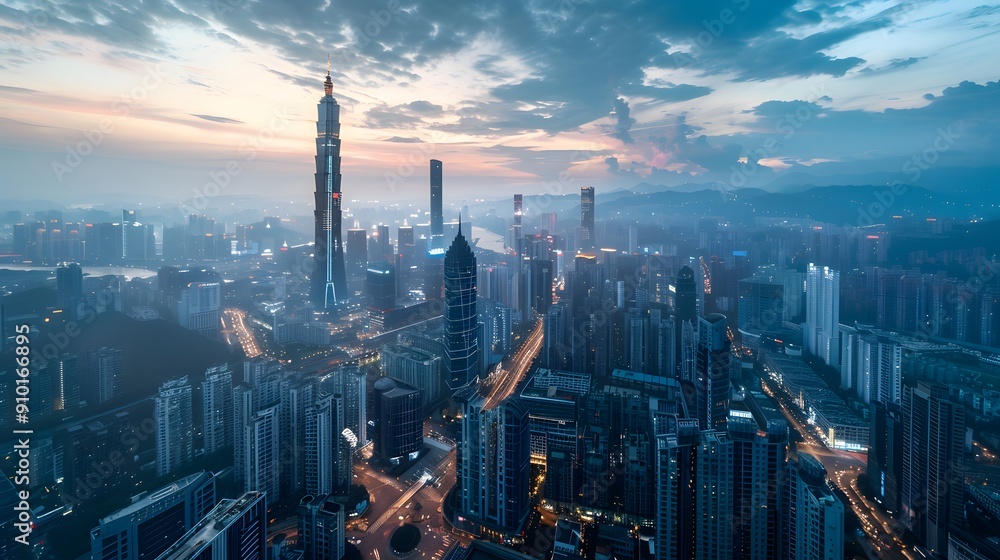 Fototapeta premium Aerial view of a city at dusk with skyscrapers, clouds, and vibrant sky hues.