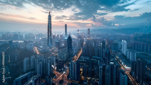 Wallpaper Mural Aerial view of a city at dusk with skyscrapers, clouds, and vibrant sky hues. Torontodigital.ca