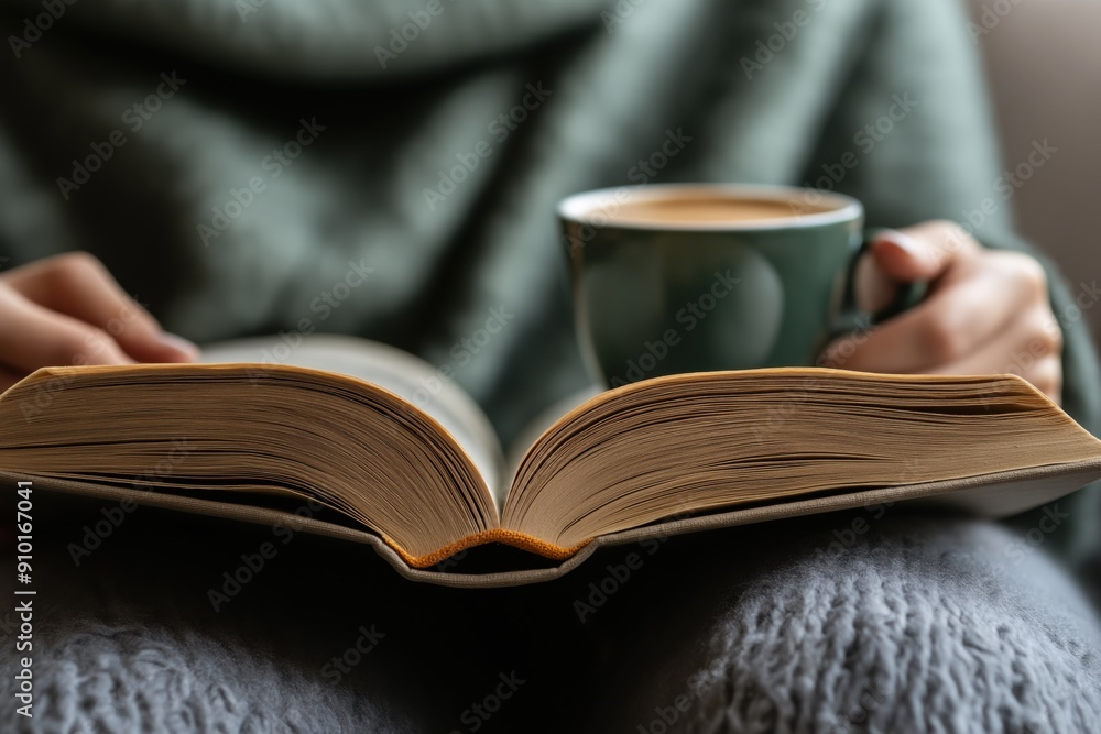 A photo of a person sitting on the sofa, holding an open book with their hand and reading. The background is softly blurred. Reading and leisure concept. A photo of a person sitting on the sofa, holding an open book with their hand and reading. The background is softly blurred. Reading and leisure concept.