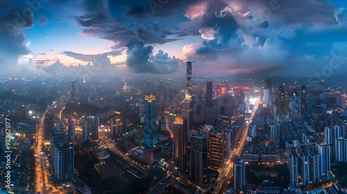 Wallpaper Mural Aerial view of a city at dusk with skyscrapers, clouds, and vibrant sky hues. Torontodigital.ca