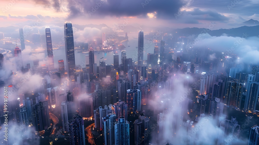 Aerial view of a city at dusk with skyscrapers, clouds, and vibrant sky hues. Aerial view of a city at dusk with skyscrapers, clouds, and vibrant sky hues.