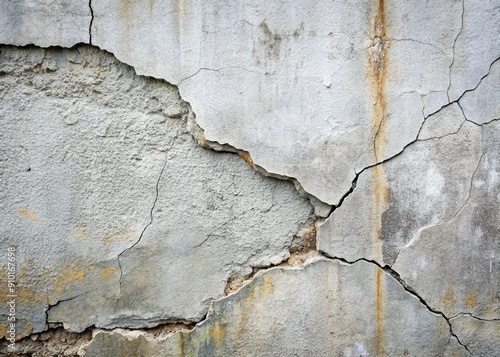 Distressed concrete wall with prominent cracks and discoloration, showcasing signs of aging and wear, repaired with smooth gray mortar, retaining its weathered appearance. photo