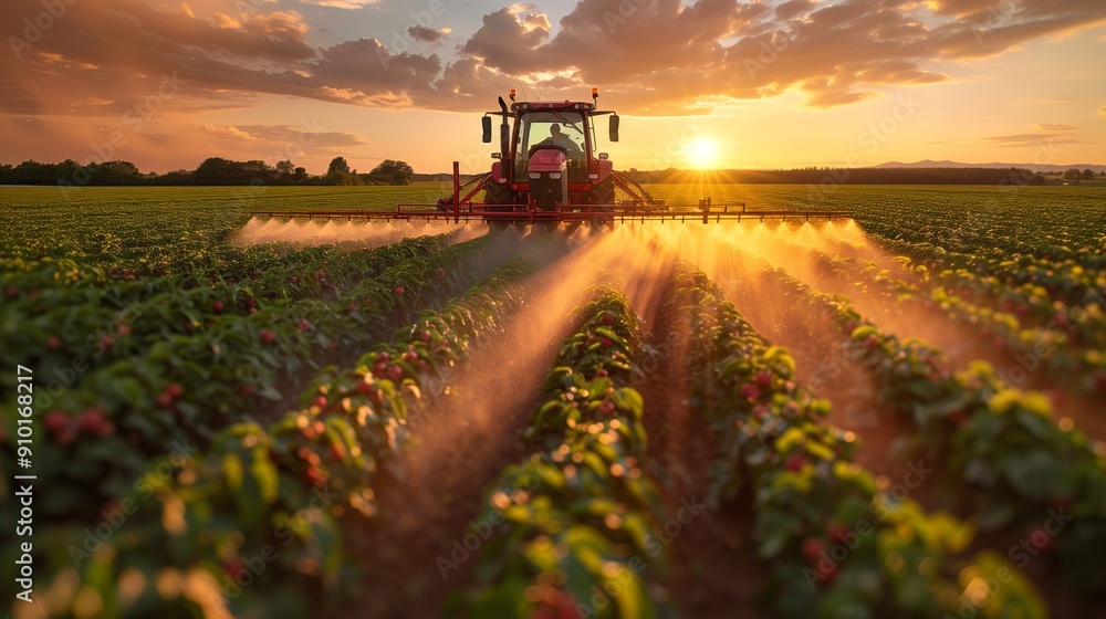 Fototapeta premium Tractor Spraying Crops at Sunset in Vibrant Agricultural Landscape
