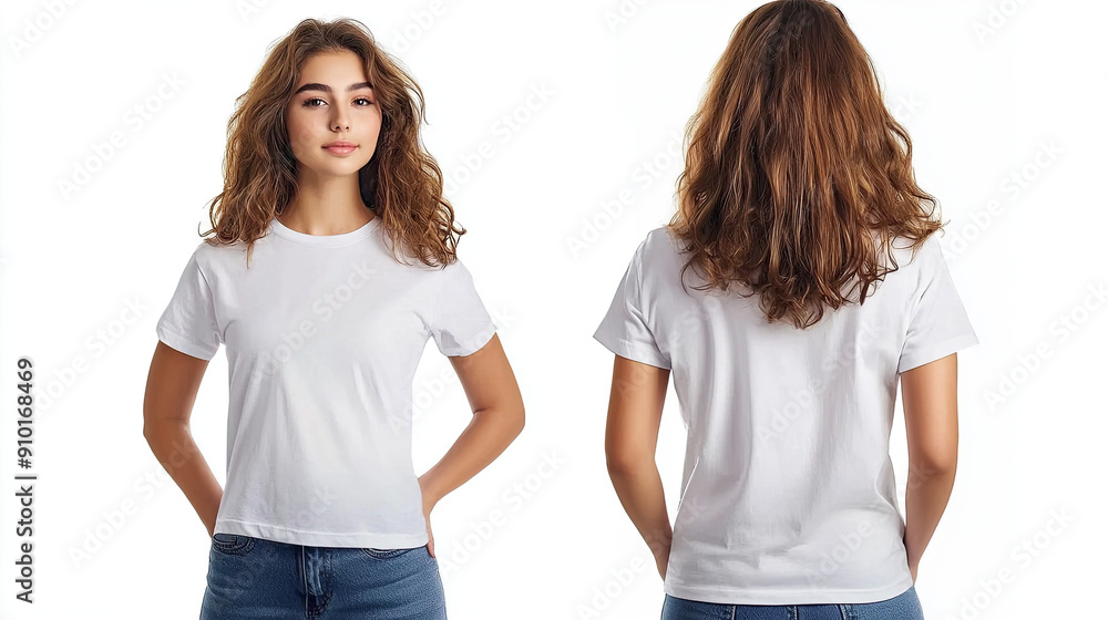 Woman Wearing Casual T-Shirt on White Background, Mockup for Design, Collage with Back and Front View Photos, Stylish T-Shirt Display, Apparel Design Template, Clean and Simple Presentation Woman Wearing Casual T-Shirt on White Background, Mockup for Design, Collage with Back and Front View Photos, Stylish T-Shirt Display, Apparel Design Template, Clean and Simple Presentation