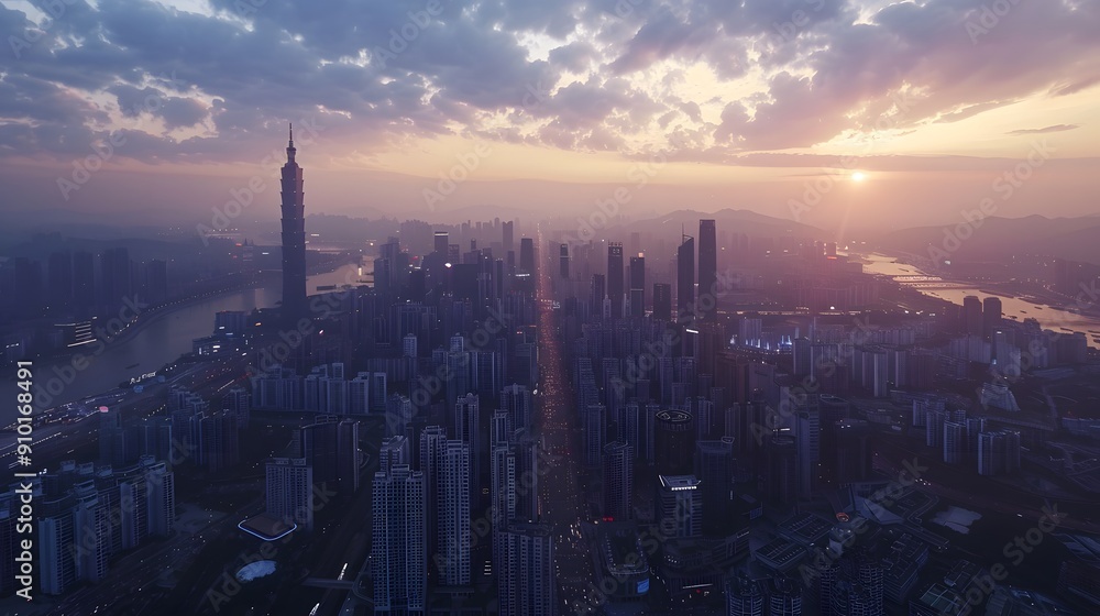 Fototapeta premium Aerial view of a city at dusk with skyscrapers, clouds, and vibrant sky hues.