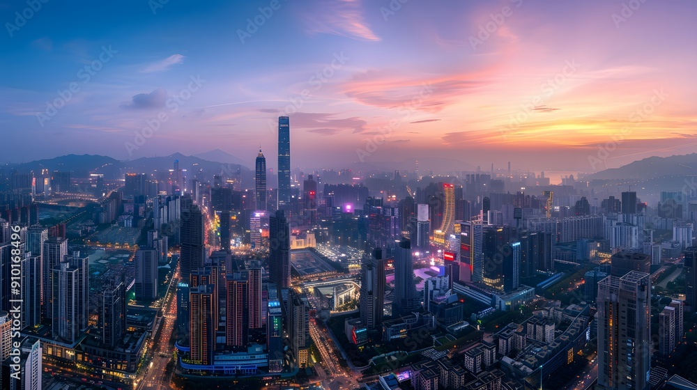 Fototapeta premium Aerial view of a city at dusk with skyscrapers, clouds, and vibrant sky hues.