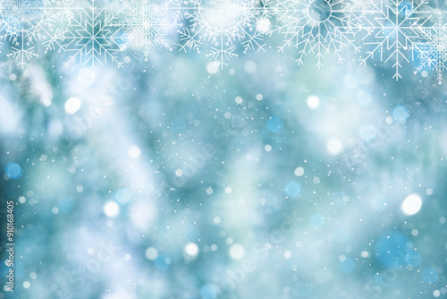 Christmas blurred background with snowflakes. Defocused Christmas tree. Abstract blurred soft blue beautiful glowing blinking bokeh