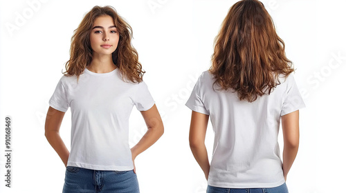 Woman Wearing Casual T-Shirt on White Background, Mockup for Design, Collage with Back and Front View Photos, Stylish T-Shirt Display, Apparel Design Template, Clean and Simple Presentation