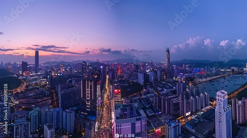 Wallpaper Mural Aerial view of a city at dusk with skyscrapers, clouds, and vibrant sky hues. Torontodigital.ca