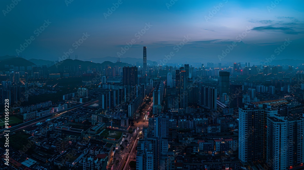 Aerial view of a city at dusk with skyscrapers, clouds, and vibrant sky hues. Aerial view of a city at dusk with skyscrapers, clouds, and vibrant sky hues.