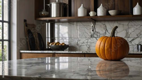 copy space autumn pumpkin halloween decoration with a holiday season marble countertop text space background in modern light interior luxury kitchen photo