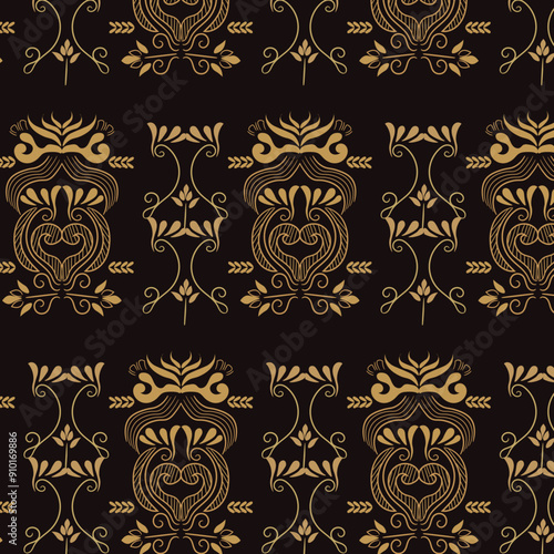 Wallpaper in the style of Baroque. Seamless vector background. Golden and black floral ornament. Graphic pattern for fabric, wallpaper, packaging. Ornate Damask flower ornament
