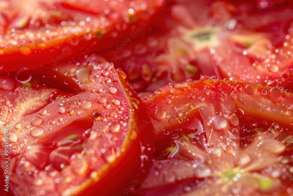 Close-up Very red tomatoes cut into several halves Close-up Very red tomatoes cut into several halves