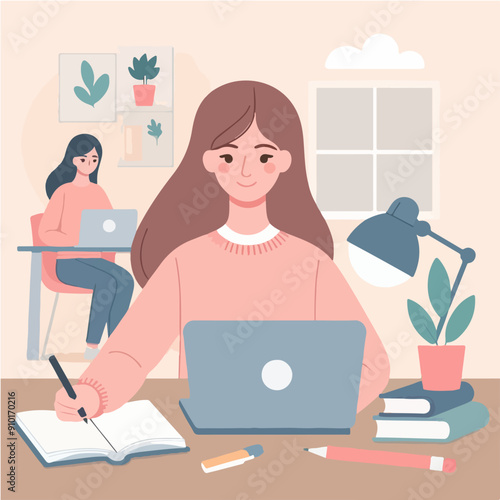 Concept illustration of online courses, distance studying, self education, digital library. E-learning banner. Online education. Vector illustration in flat style