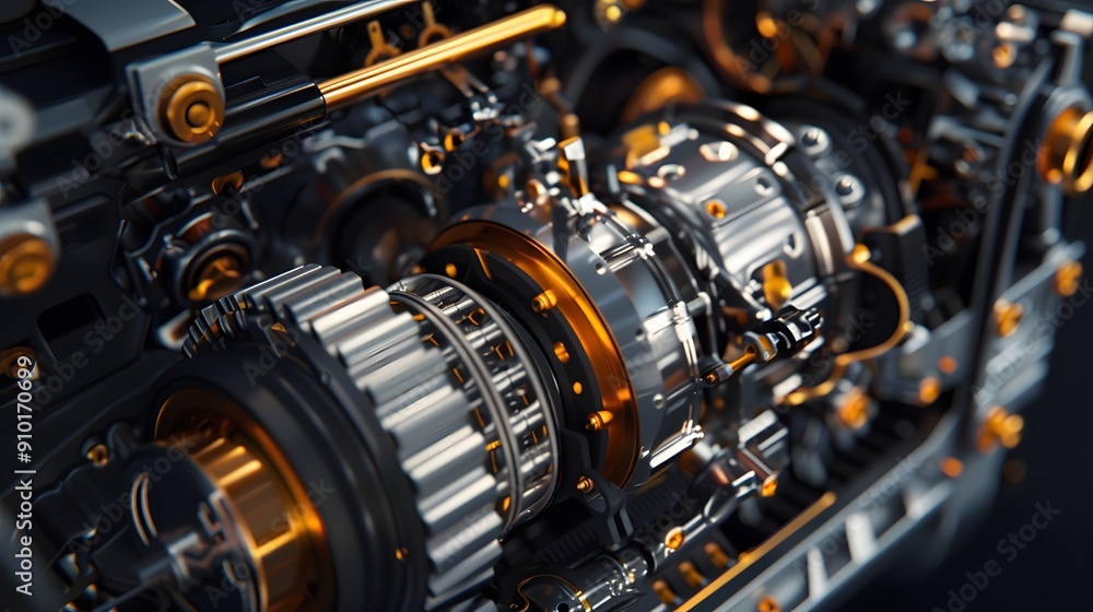 Detailed 3D engine model with explosive views of the transmission system and drive shaft components Detailed 3D engine model with explosive views of the transmission system and drive shaft components