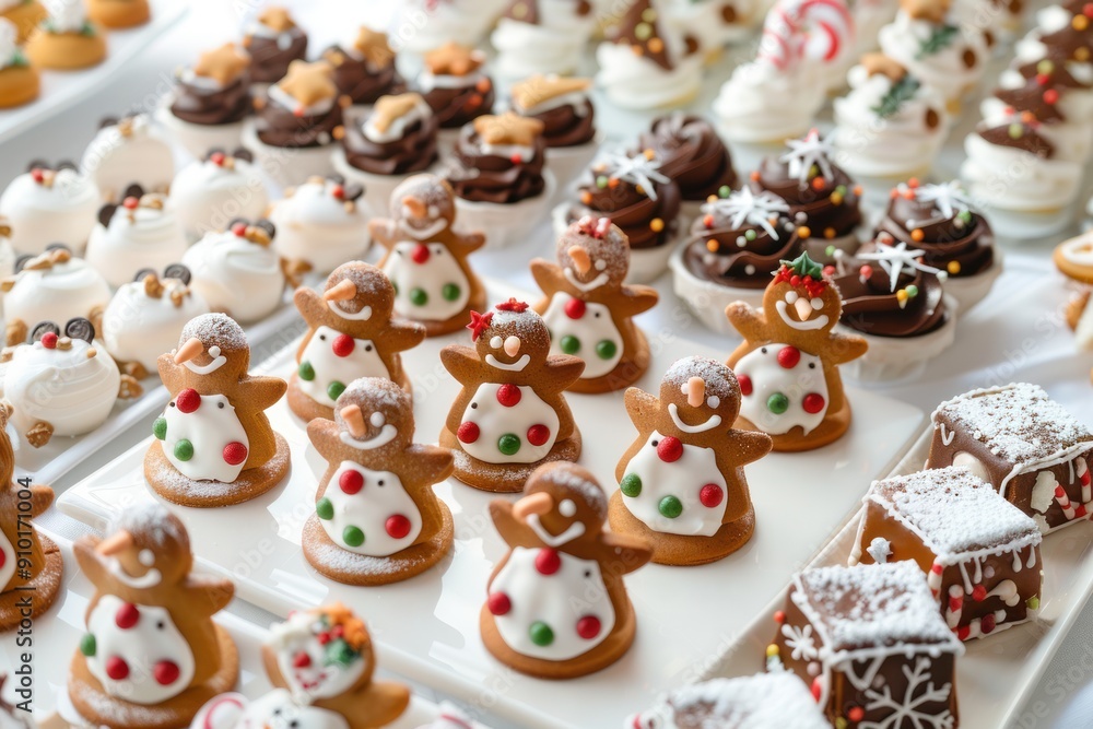 Festive holiday themed cookies, including gingerbread houses and snowman cookies. Festive holiday themed cookies, including gingerbread houses and snowman cookies.