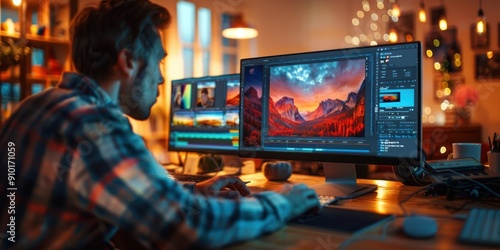 Man editing video on computer with professional software.