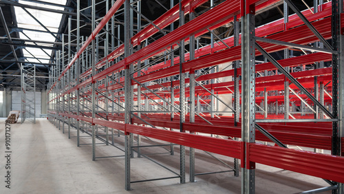 logistics warehouse concept with empty high pallet racks, shelving system