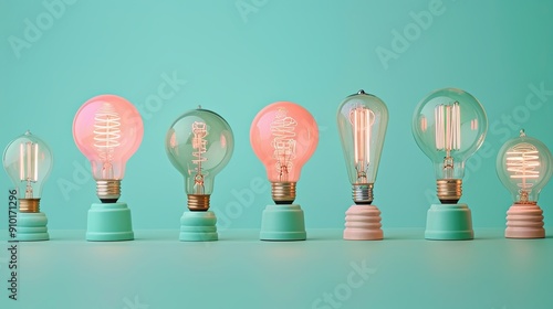 Classic incandescent bulbs in different shapes displayed on a pastel green backdrop photo