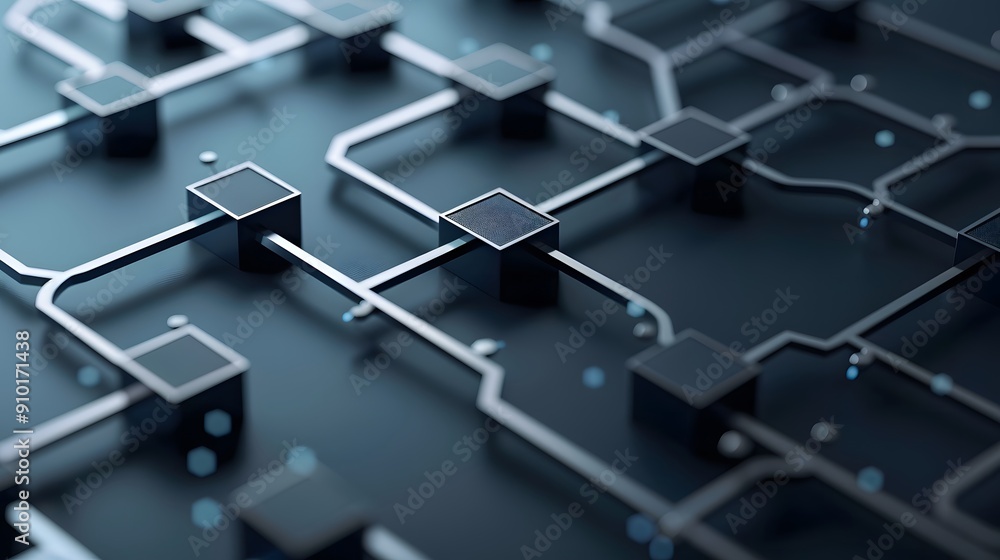 A close up of a black and silver electronic circuit board. The board is made up of many small squares, which are connected to each other. The squares are arranged in a complex pattern A close up of a black and silver electronic circuit board. The board is made up of many small squares, which are connected to each other. The squares are arranged in a complex pattern