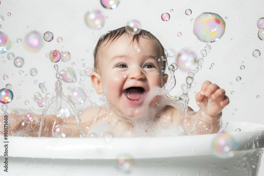 An American baby is sitting and giggling in a bathtub. An American baby is sitting and giggling in a bathtub.