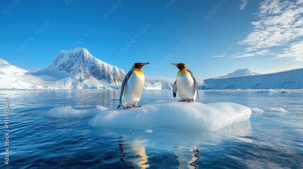 Obraz premium North Pole, penguins on ice floes
