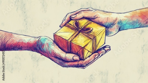 Delicate hand-drawn image of a person giving a gift, symbolizing generosity and joy