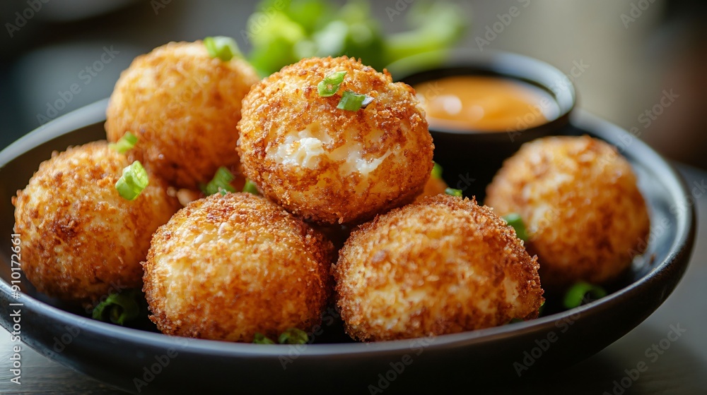 Close-up of golden, crispy fried cheese balls garnished with green onions, served with a dipping sauce in a black bowl.