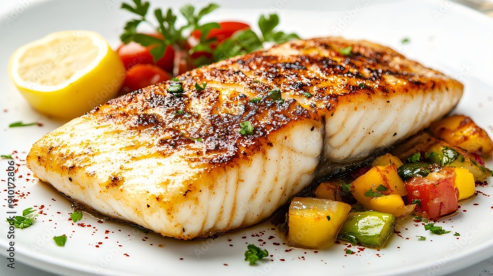 A deliciously grilled fish fillet garnished with fresh herbs, served with roasted vegetables and a lemon wedge on a white plate. A deliciously grilled fish fillet garnished with fresh herbs, served with roasted vegetables and a lemon wedge on a white plate.