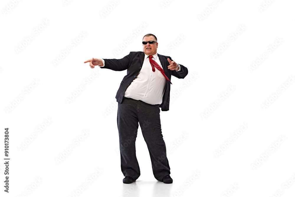 Fototapeta premium Positive vibe and confidence. Fat man, businessman in sunglasses and formal wear dancing, showing good emotions isolated on white background. Concept of business, leisure, achievement