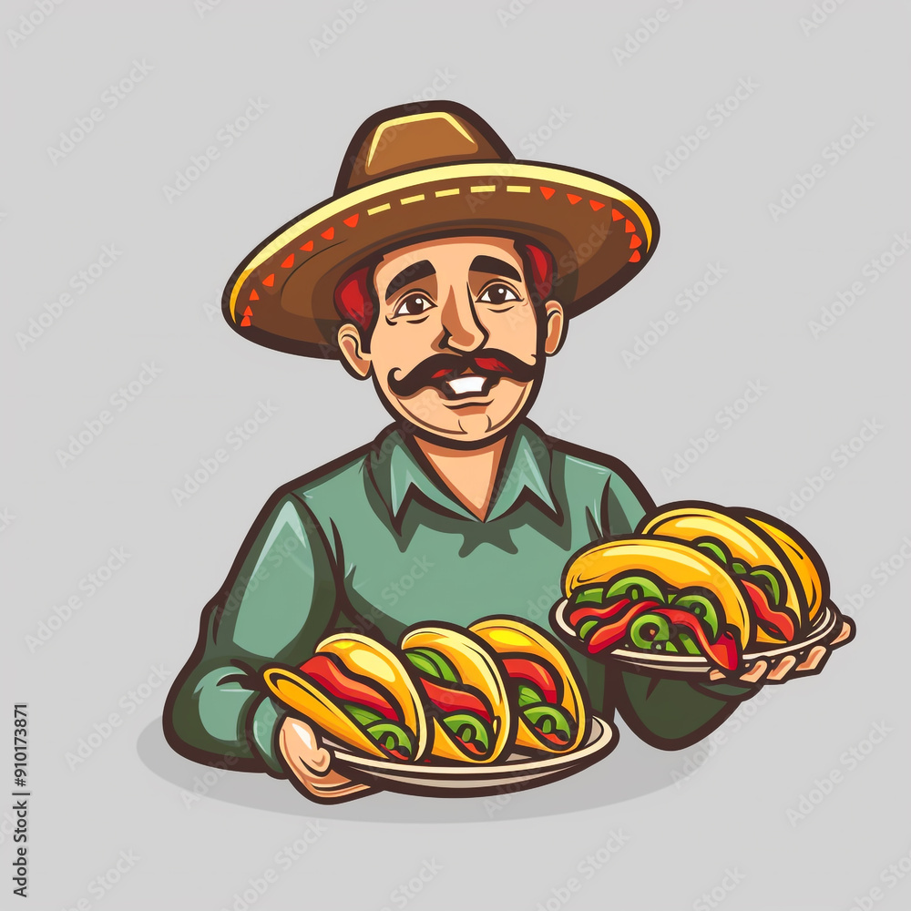 A Mexican man in a sombrero is holding a plate of tacos. He is smiling and he is happy. Cartoon style. A Mexican man in a sombrero is holding a plate of tacos. He is smiling and he is happy. Cartoon style.