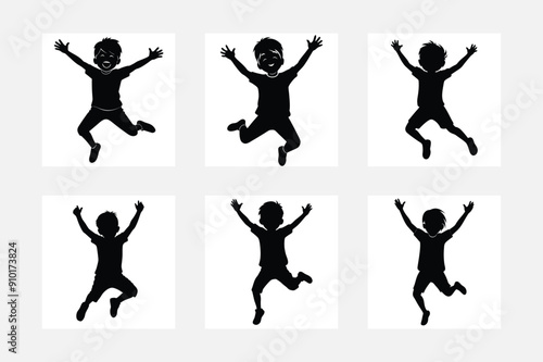 Kids jumping silhouette set child jump