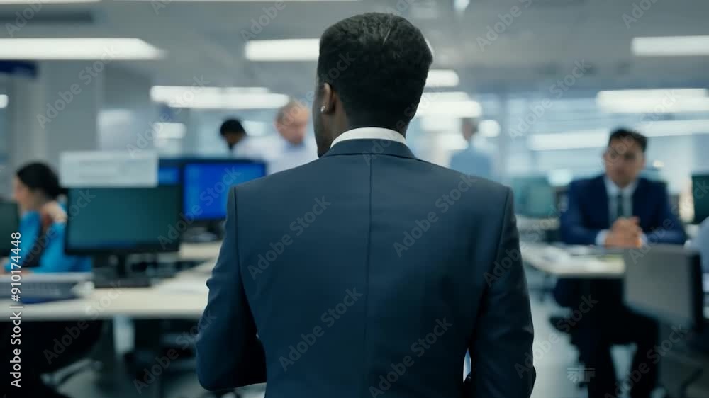 A well-dressed individual stands in an office with colleagues interacting at their desks, focused on tasks and meeting deadlines A well-dressed individual stands in an office with colleagues interacting at their desks, focused on tasks and meeting deadlines