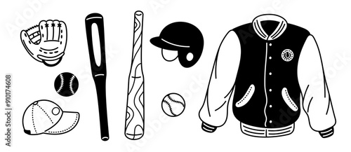 Silhouette baseball icons. Sport uniform. Helmet and athletic jacket. Game equipment. Leather glove and bandages. Serving and hitting ball. Sportsman cap. Garish vector symbols set