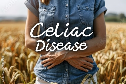 A person stands in a wheat field, hands on their stomach, reflecting on the challenges of living with celiac disease amidst the golden crops photo