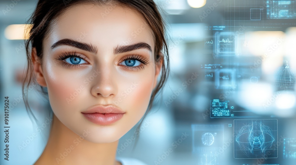 A young woman gazes thoughtfully while digital data overlays appear around her in a contemporary urban setting A young woman gazes thoughtfully while digital data overlays appear around her in a contemporary urban setting