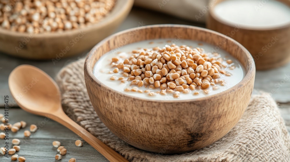 A rustic wooden bowl filled with healthy grains and creamy liquid, showcasing a wholesome food concept perfect for nutrition. A rustic wooden bowl filled with healthy grains and creamy liquid, showcasing a wholesome food concept perfect for nutrition.