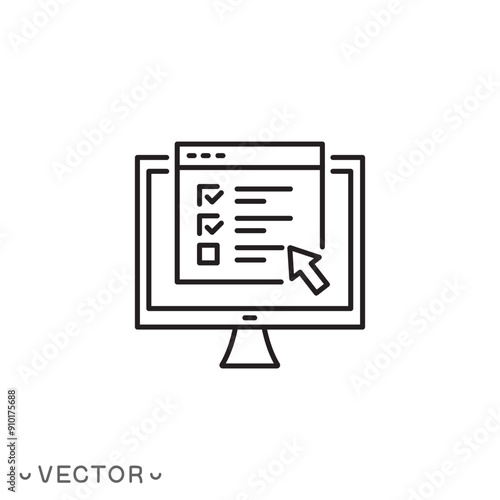 online exam or test icon, form survey for student, knowledge check questionnaire, fill and pass checklist, thin line symbol isolated on white background, editable stroke eps 10 vector illustration