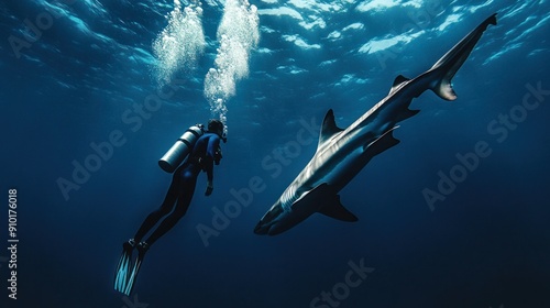 Diver Encounters a Shark in the Deep Blue