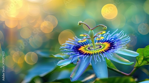 A detailed view of a passionflower with its unique structure and vibrant colors, set against a blurred background photo