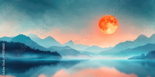 A large orange moon rises over a tranquil mountain lake