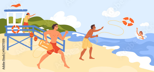 Lifeguard rescues people. Men on beach throw lifebuoy to drowning woman. Sea observation tower. Professional rescuer. Swimming safety. Lifesavers rush to victim. Garish vector concept