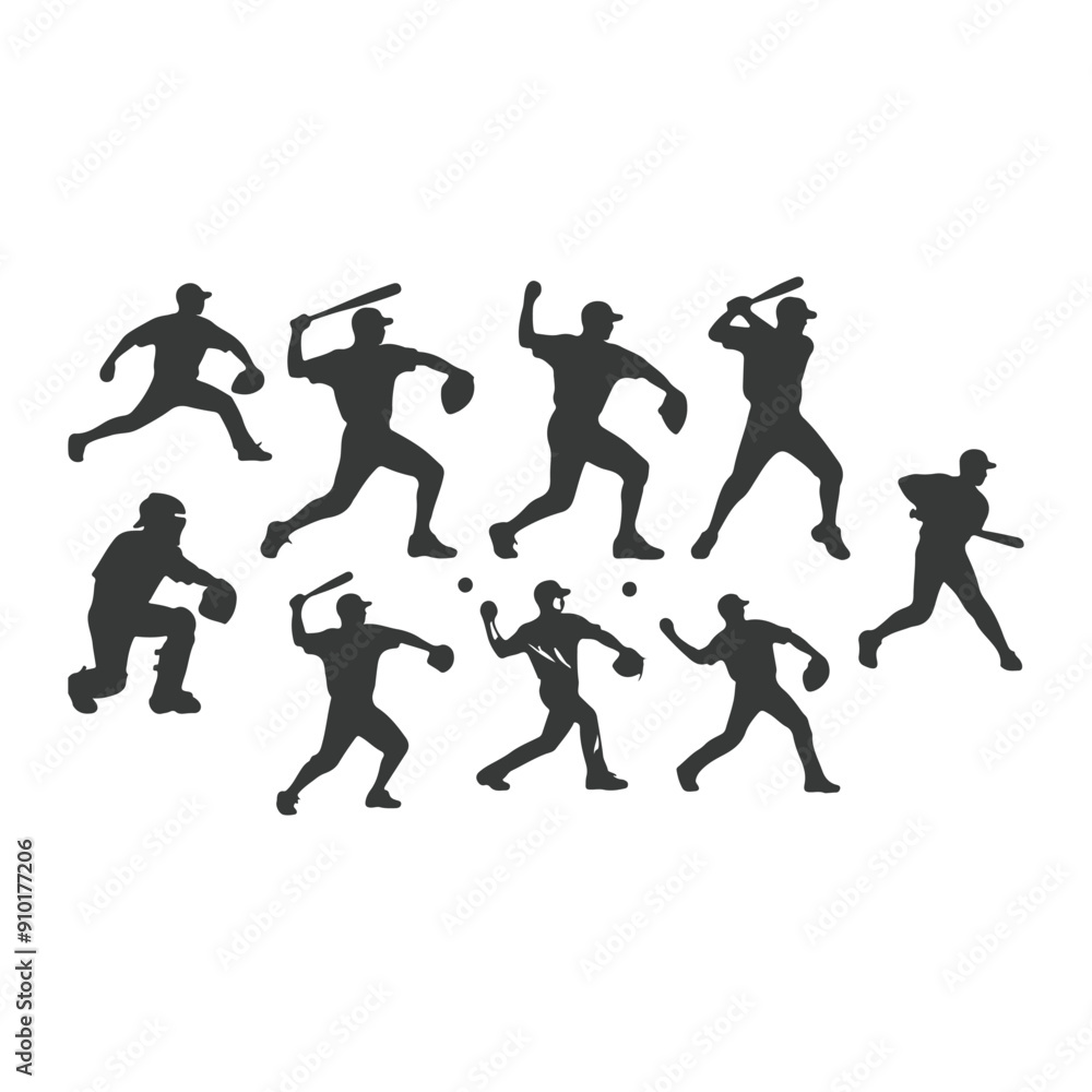 Obraz premium Baseball player silhouettes set in different poses. Baseball icons vector. Man Throwing Ball Silhouette. Baseball Player Silhouette. baseball player, vector isolated illustration. Baseball batter.