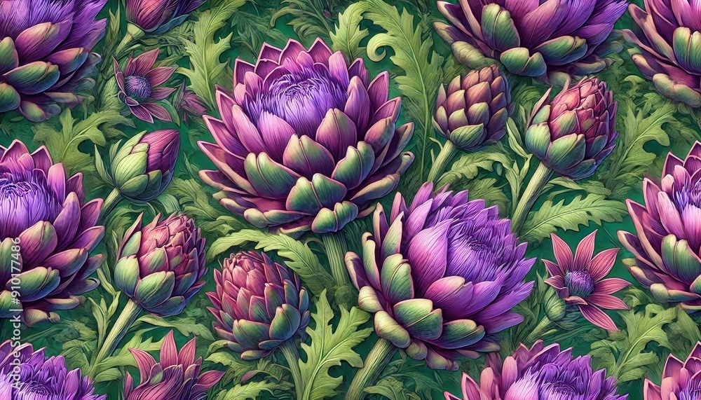 Fototapeta premium A detailed arrangement of artichokes in shades of purple and green, intricate leaves surrounding them, creating a lush, textured display