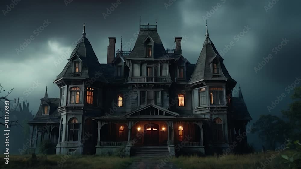 Haunted Victorian Mansion with Stormy Sky and Eerie Lighting Haunted Victorian Mansion with Stormy Sky and Eerie Lighting
