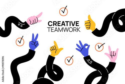 Flexible long business hands. Creative teamwork. Human arms in office suits. Employees team. Different success gestures. Ok or victory fingers icons. Gesturing palms. Garish vector concept