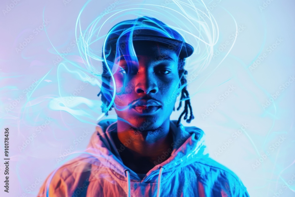 Portrait of a young man with a cap, illuminated by blue and purple lights, creating a dynamic and vibrant atmosphere Portrait of a young man with a cap, illuminated by blue and purple lights, creating a dynamic and vibrant atmosphere