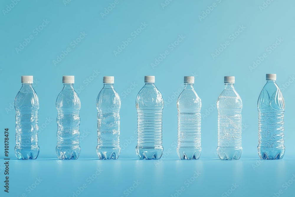 A collection of plastic water bottles on a blue surface, suitable for use in still life photography or as a prop in environmental or product photography A collection of plastic water bottles on a blue surface, suitable for use in still life photography or as a prop in environmental or product photography