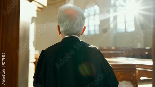 A judge in formal attire walks toward the bench, illuminated by sunlight filtering through stained glass windows in a historic courtroom photo